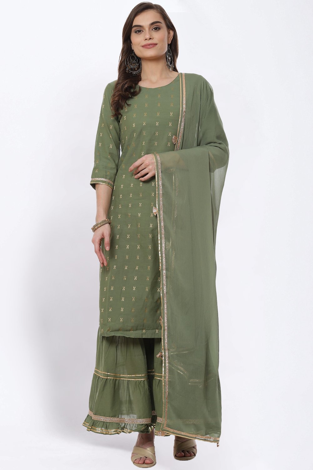 Olive Green Art Silk Straight Suit Set image number 0